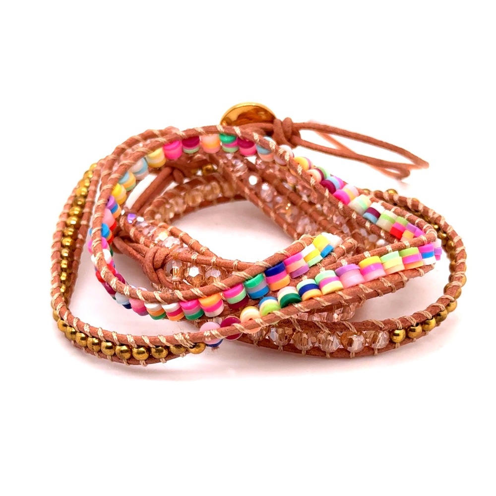 Victoria Emerson Boho Five Wrap Bracelet Leather Crystal Colorful Seed Bead Gold